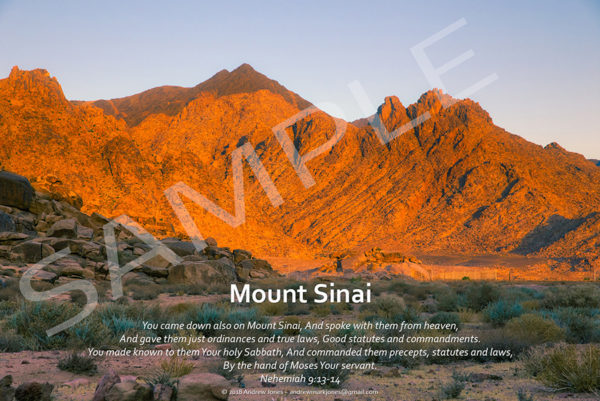 Sunrise at Mount Sinai in Arabia with Bible verse.
