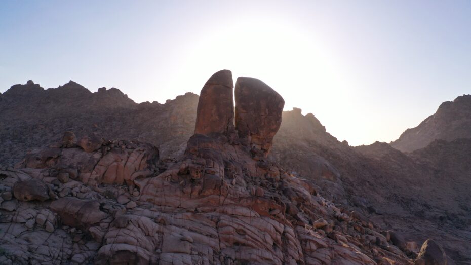 Sunset at the Split Rock of Horeb in Rephidim. Jabal al Lawz mountains in ancient Midian.