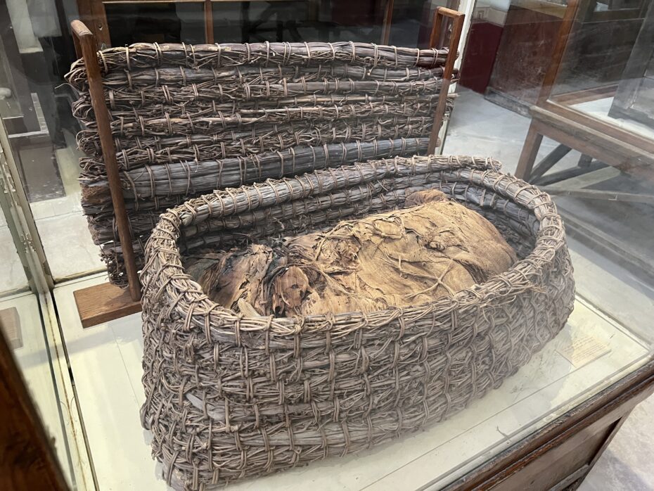 A reed basket. The baby Moses was placed in one to hide him from Pharaoh's death decree against the Israelites baby boys.
