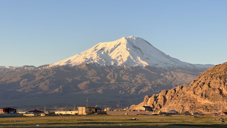 Mount Ararat in the setting sun. This stratovolcano was formed after the flood but has become one of the traditional resting places of Noah's ark. The Bible though says the ark landed in the "mountains" (plural) of Ararat (Urartu). We believe the Durupinar boat formation is a better candidate.