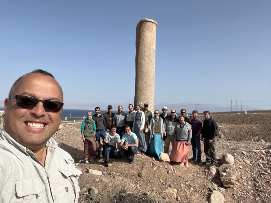 Our tour group standing next to the granite column Ron Wyatt found on the Egyptian side of the Red Sea crossing at modern day Nuweiba, Egypt. Ron believed King Solomon placed pillars at the crossing to commemorate the event.